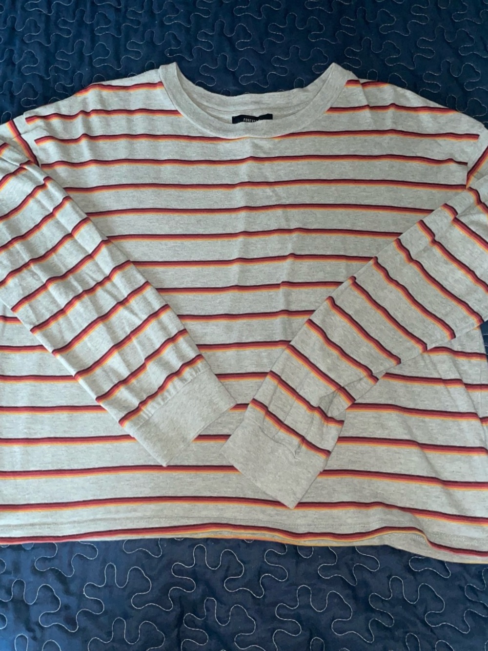 Forever 21 Light Gray Long-Sleeve Tee with Red & Orange Stripes